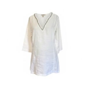 Malvin White‎ Linen Women's Embellished V-Neck Tunic, Size Large